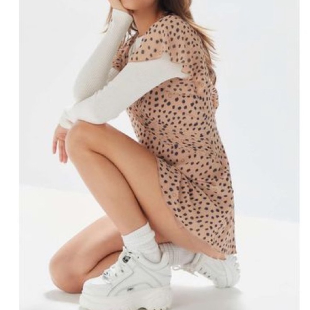 Urban Outfitters Rose Pleated Dress Polka Dot Tan & Black